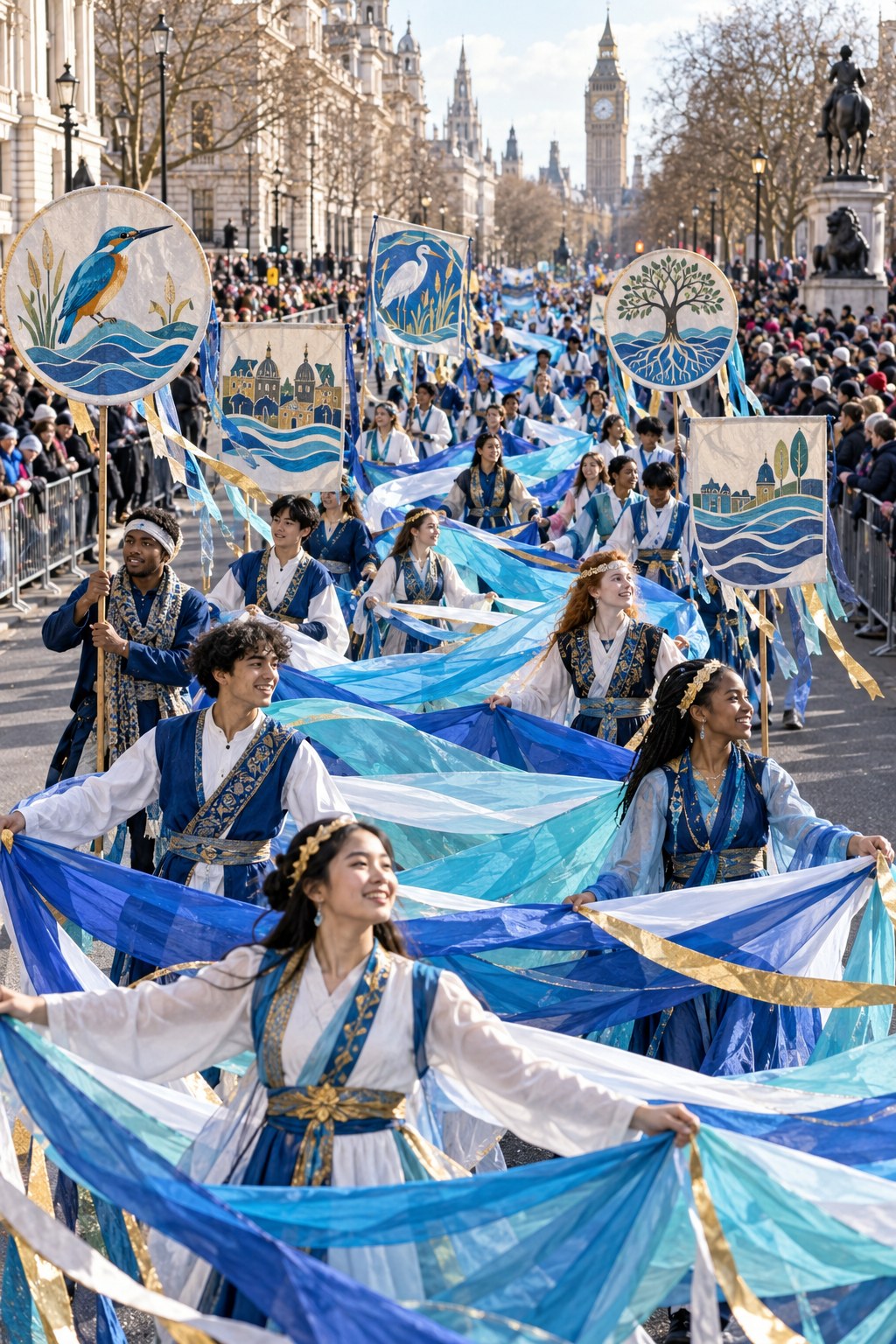 River-inspired parade concept with flowing blue fabrics and heritage motifs